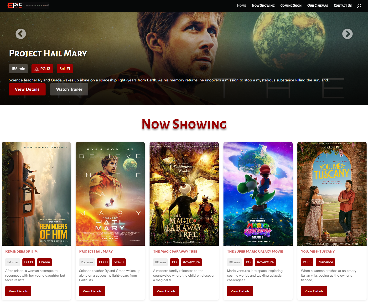 Epic Cinemas website — luxury cinema chain web design with bespoke WordPress booking plugins